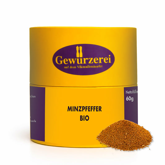 Minzpfeffer Bio Gewuerzmischung mit Nana Minze schwarzem Pfeffer Paprika und Senfkörnern fuer Fisch Fleisch und Gemuese