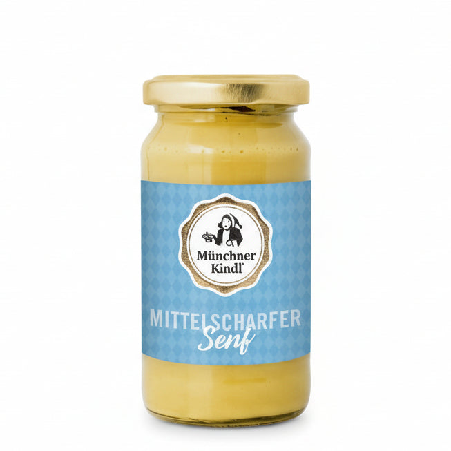Cremiger mittelscharfer Senf Münchner Kindl im Glas für Dressings Kartoffelsalat und Grillgerichte