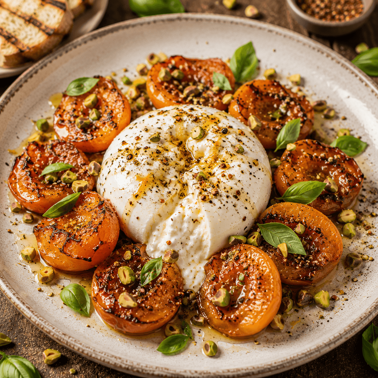 Burrata mit gegrillten Tomatenhälften, Pistazien und Basilikum auf Teller, Gewürz bestreut