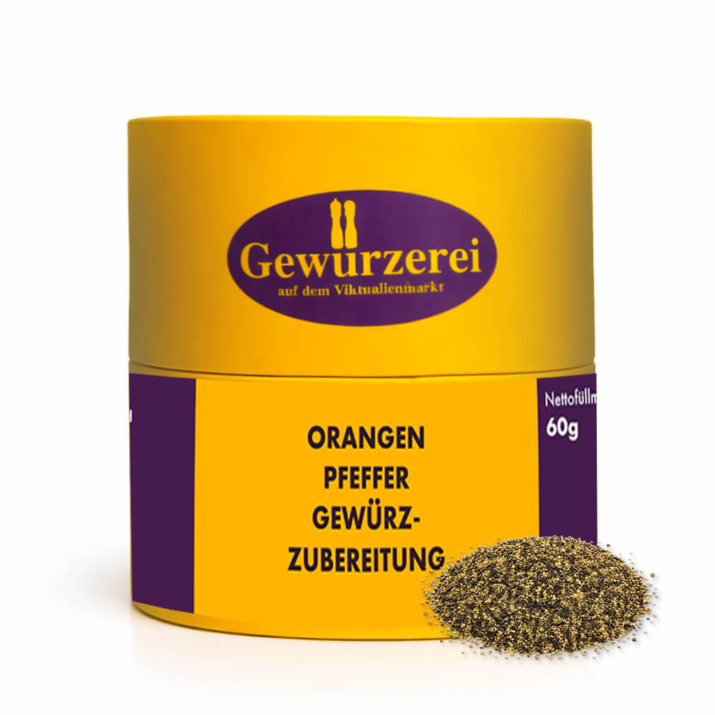 Orangen Pfeffer Gewürzzubereitung mit Orangenschalen und Pfeffer für Fisch, Geflügel, Gemüse und Desserts