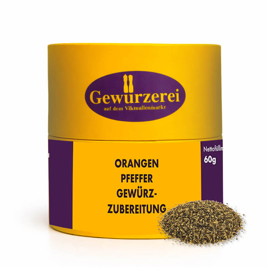 Orangen Pfeffer Gewürzzubereitung mit Orangenschalen und Pfeffer für Fisch, Geflügel, Gemüse und Desserts