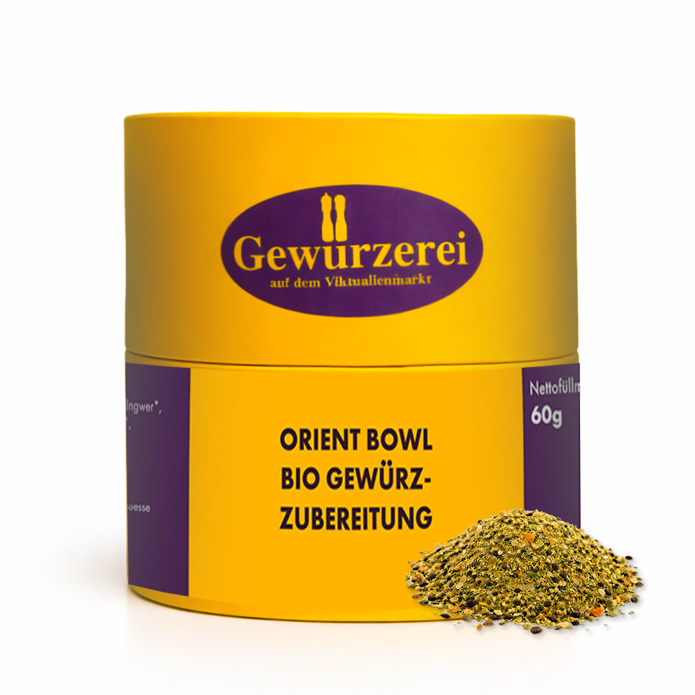 Bio Gewuerzmischung fuer Orient Bowl mit Minze Koriander Orangenschalen und Dattelsuesse fuer Couscous und Gemuese