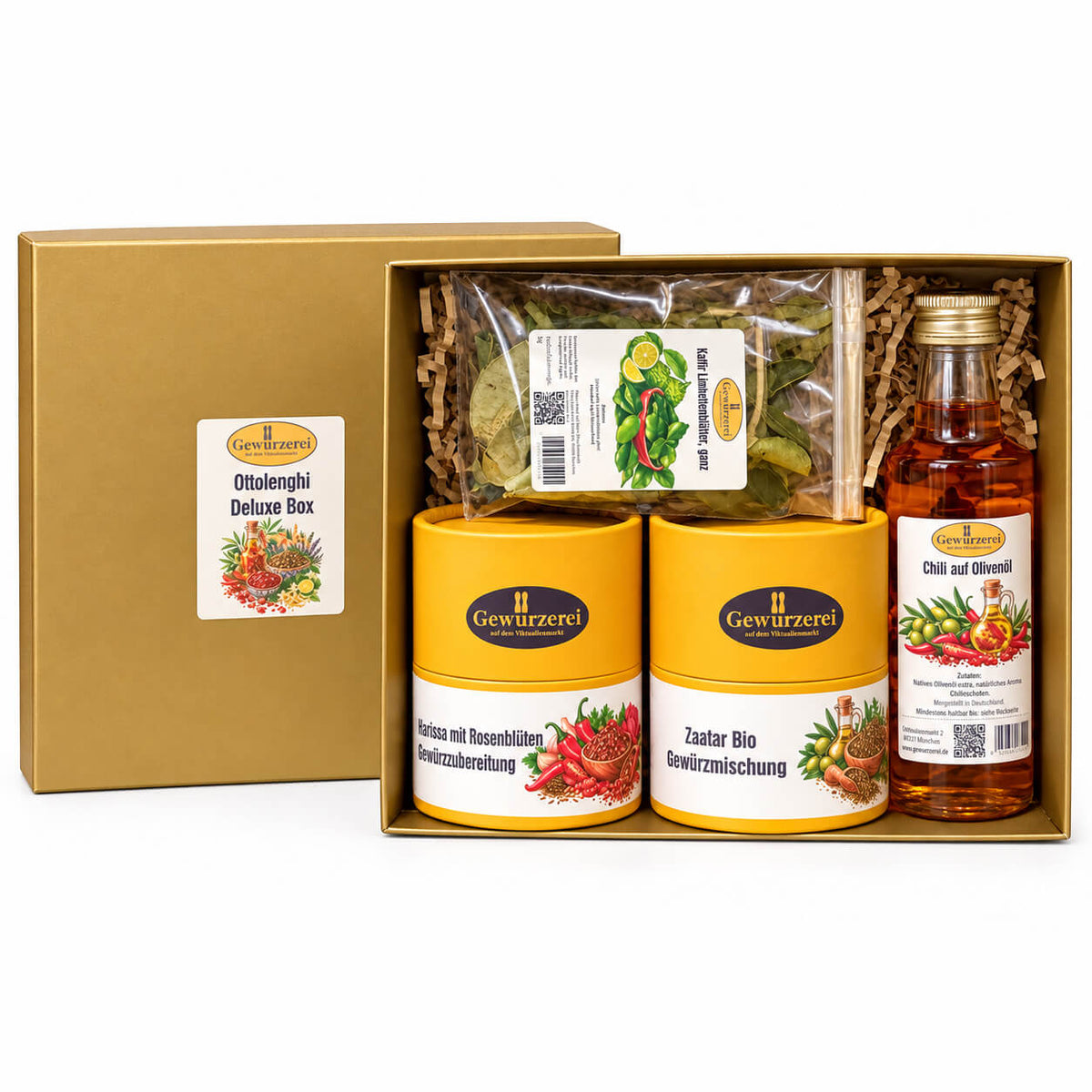 Ottolenghi Deluxe Geschenkbox mit Za’atar Bio, Harissa mit Rosenblüten, Kaffir-Limettenblättern und Chili-Olivenöl.