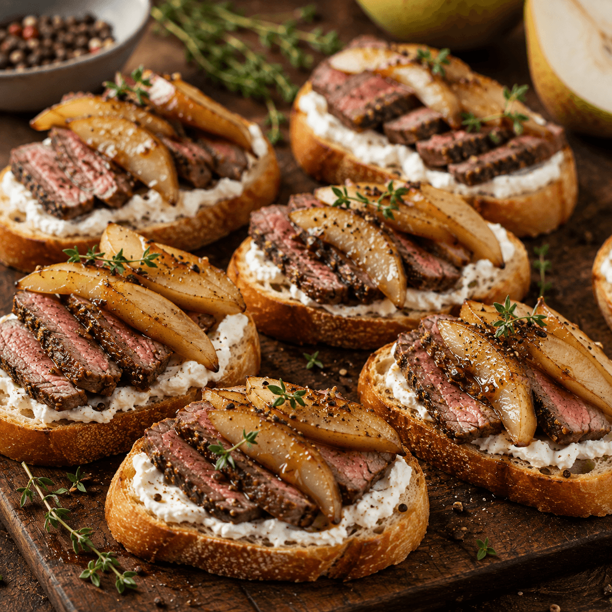 Mehrere Baguettescheiben mit Frischkäse, Steakstreifen, Birnenspalten und Thymian auf Holzbrett