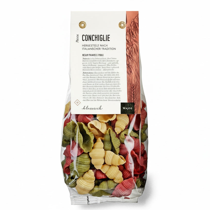 pasta-conchiglie aus italienischer herstellung, muschelförmige nudeln mit struktur für saucen und pastasalate, wajos