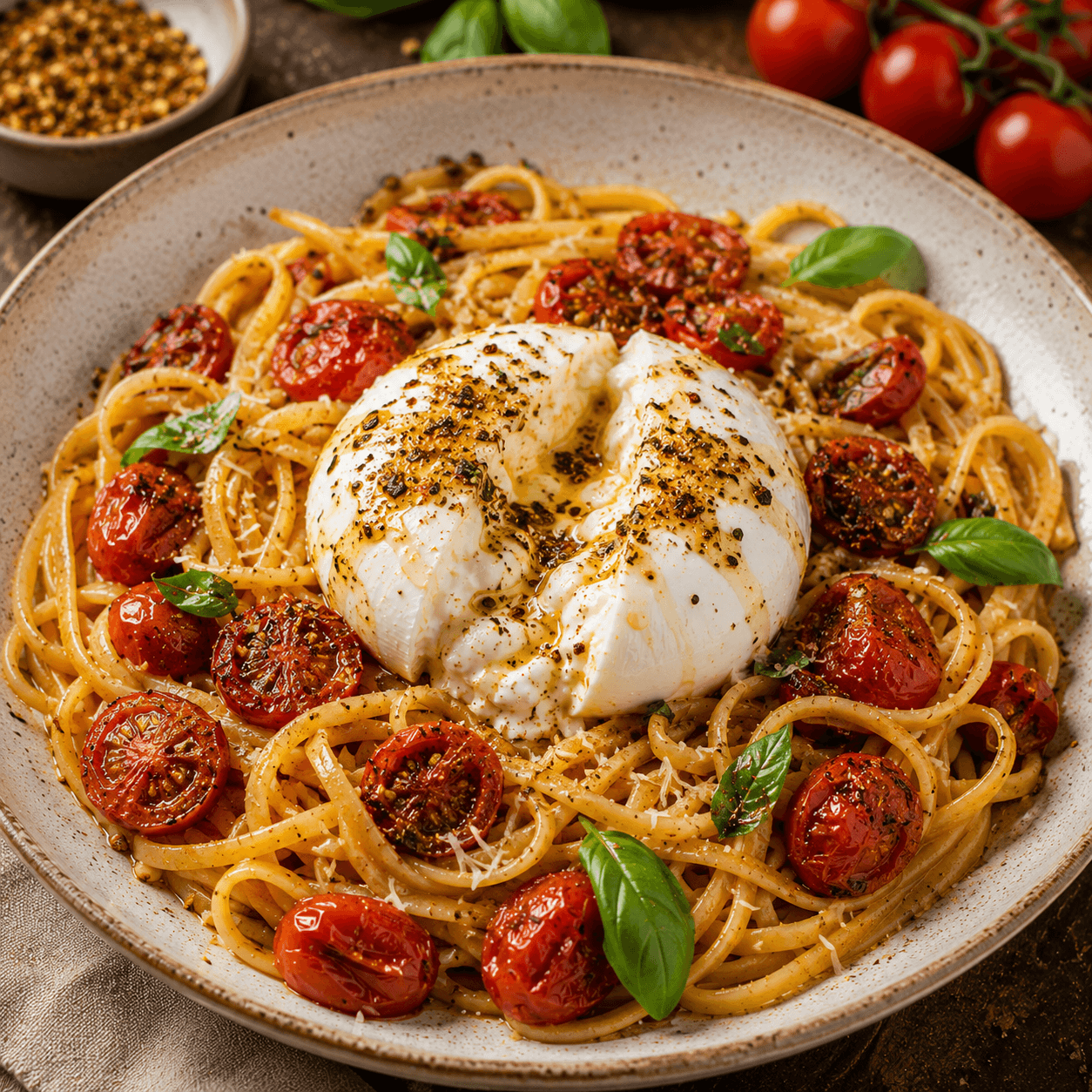 Spaghetti mit Kirschtomaten, Basilikum und Burrata, mit dunklem Gewürz bestreut, auf grauem Teller