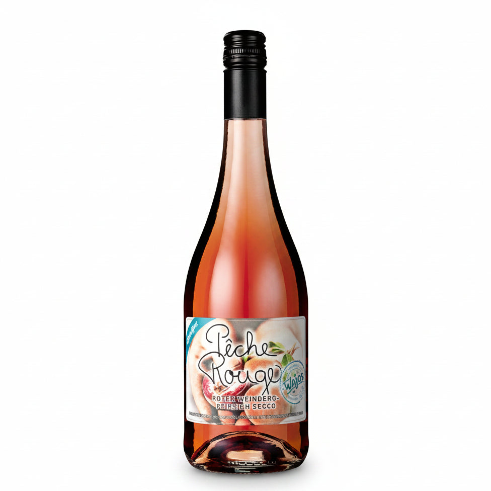 Alkoholfreier Weinbergpfirsich Secco mit feiner Perlage und fruchtigem Aroma des roten Weinbergpfirsichs