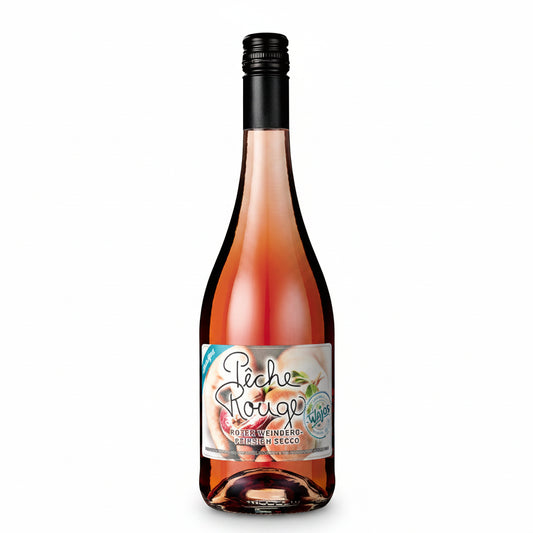 Alkoholfreier Weinbergpfirsich Secco mit feiner Perlage und fruchtigem Aroma des roten Weinbergpfirsichs