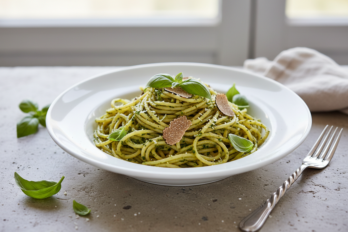 Teller Spaghetti mit grünem Pesto, Trüffelscheiben und Basilikumblättern, Gabel daneben