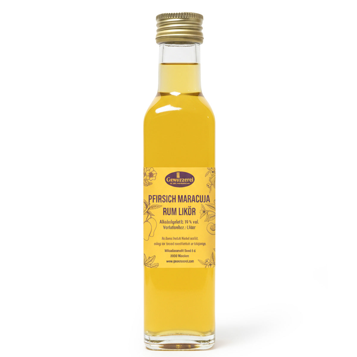 Pfirsich Maracuja Rum Likör 18 % vol im Glas, fruchtiger Likör mit goldorangener Farbe