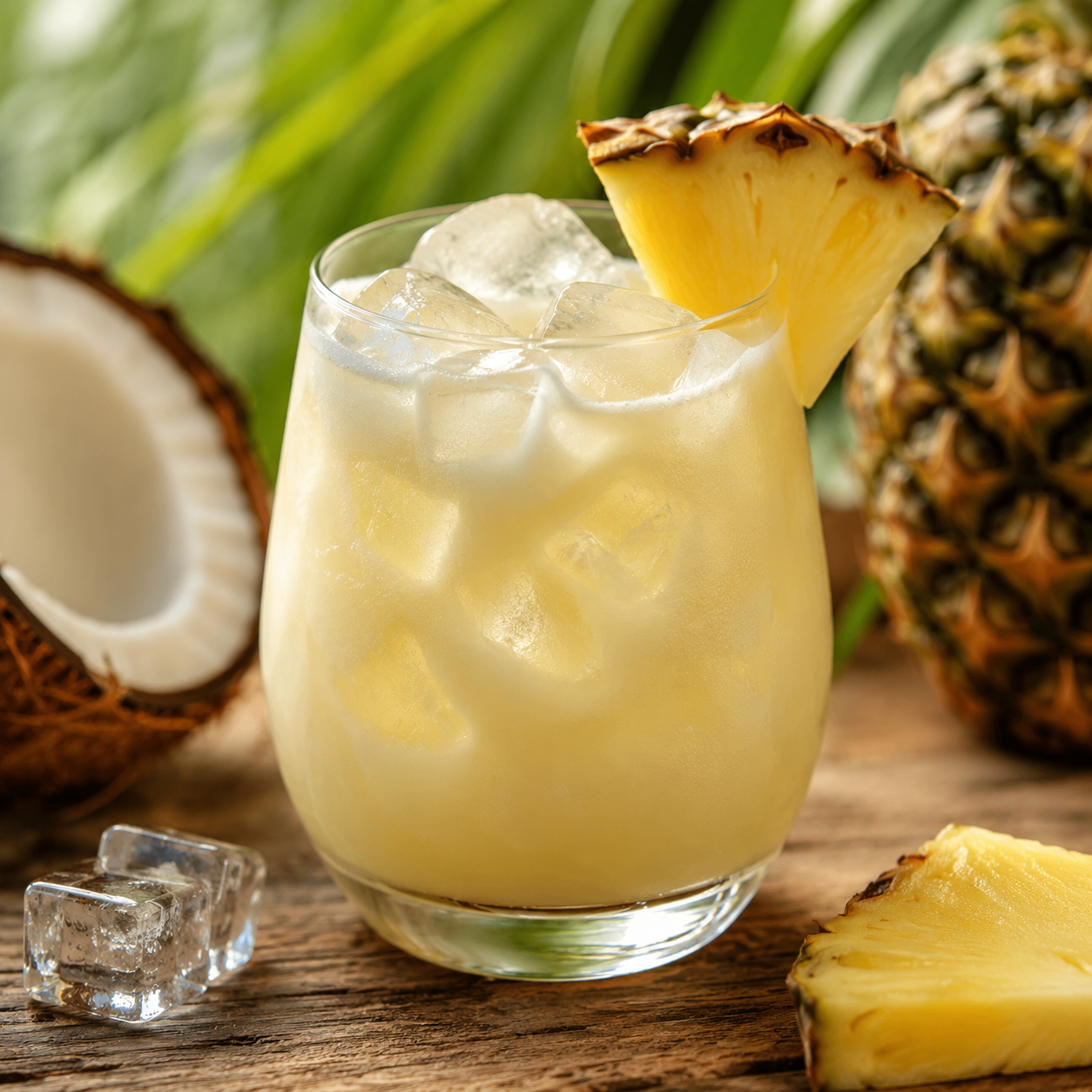 Pina Colada Likoer mit Ananas Kokos und Rum fuer Cocktails Desserts und tropische Sommerdrinks