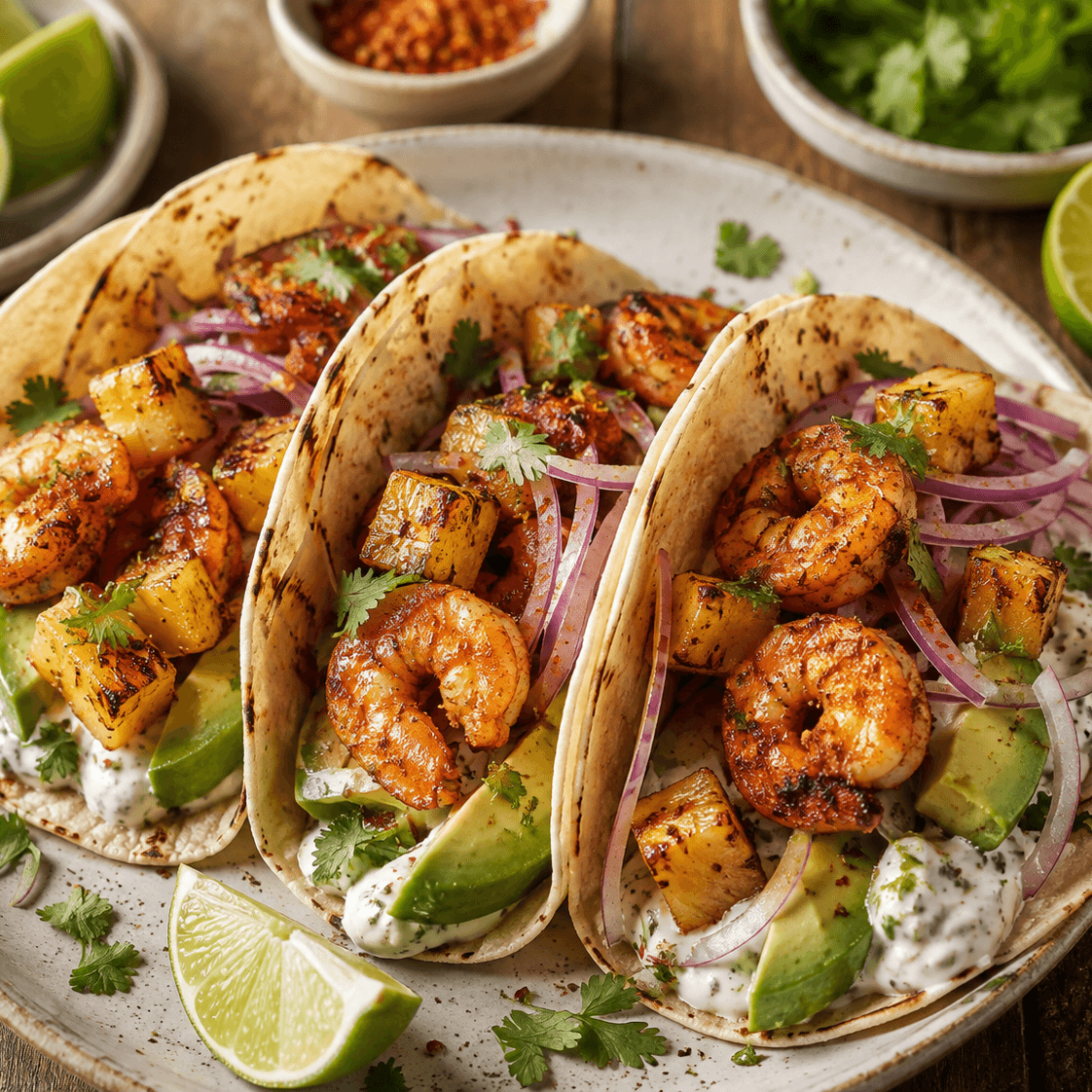 Gefüllte Tortillas mit gebratenen Garnelen, Ananasstücken, roten Zwiebeln und Avocado