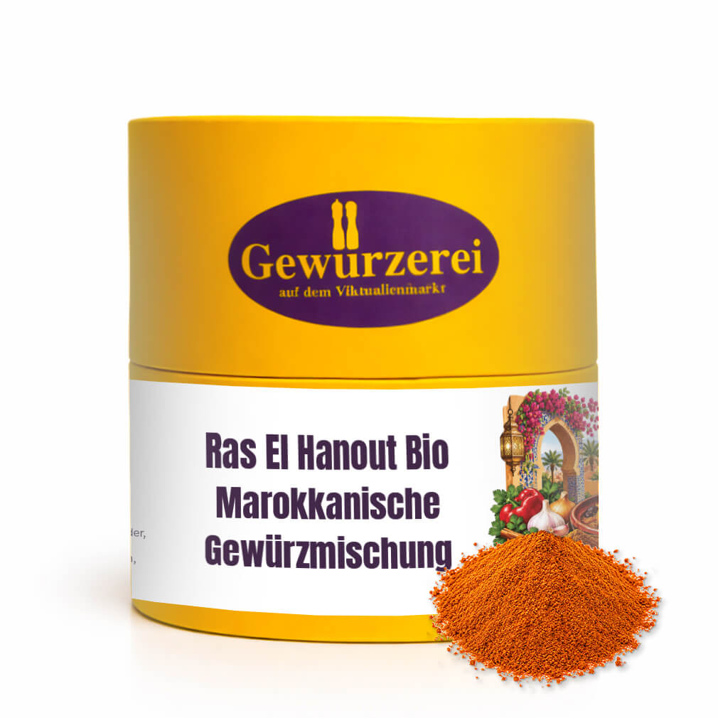 Bio Ras El Hanout mit Paprika, Kreuzkümmel, Koriander, Ingwer, Zimt und Kardamom für Tajine und Couscous