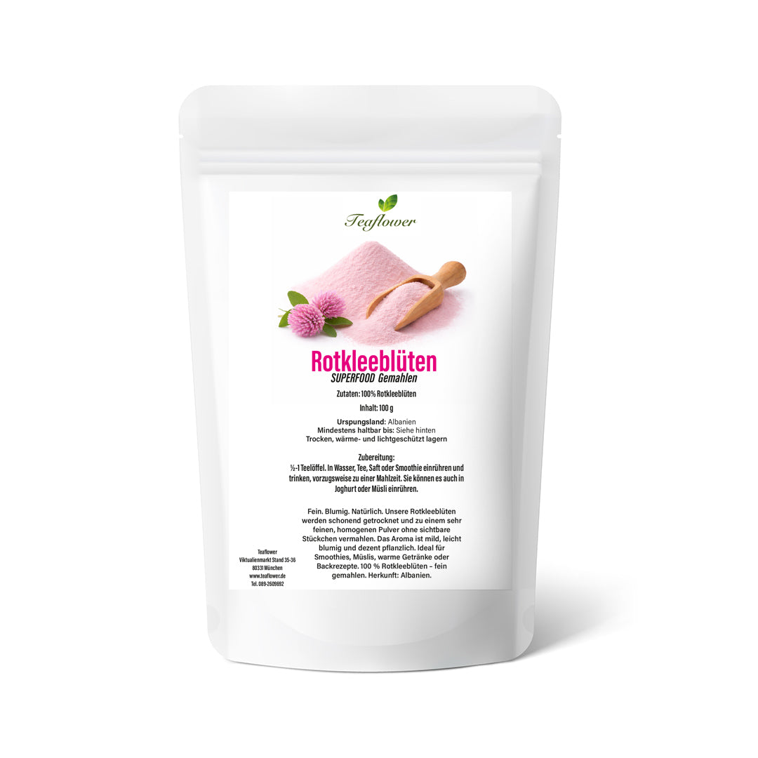Rotkleeblueten Pulver aus gemahlenen Rotkleeblueten mit feiner Struktur aus Albanien fuer Smoothies und Getraenke