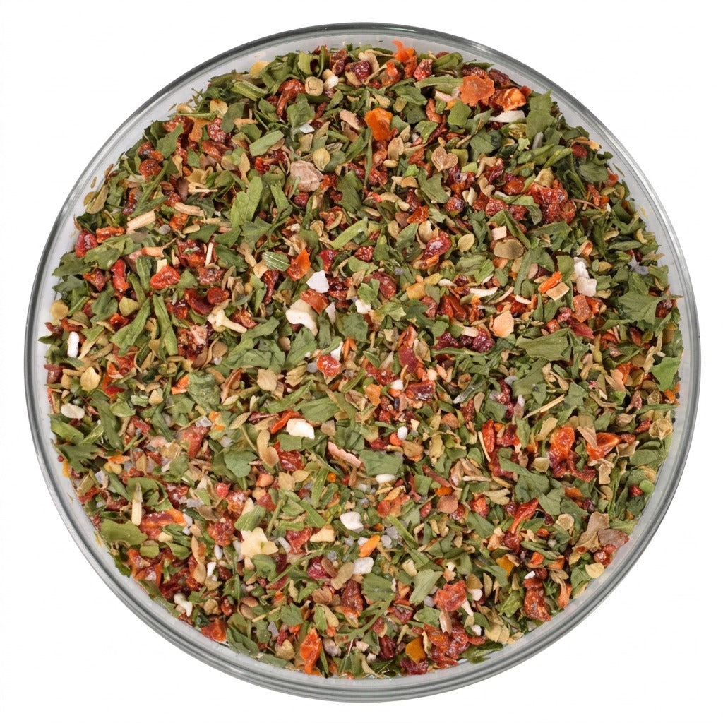 Rührei BIO Gewürzsalz mit Fleur de Sel, Tomaten, Paprika, Petersilie, Schnittlauch und Tellicherry-Pfeffer.