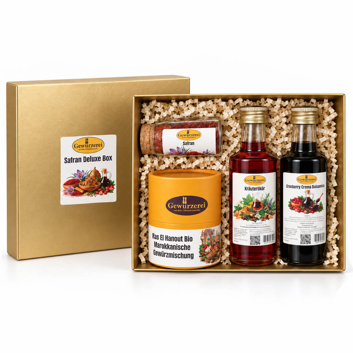 Safran Deluxe Geschenkbox mit 10 g Safran, BIO Ras El Hanout, Cranberry Crema Balsamica und Kräuterlikör.