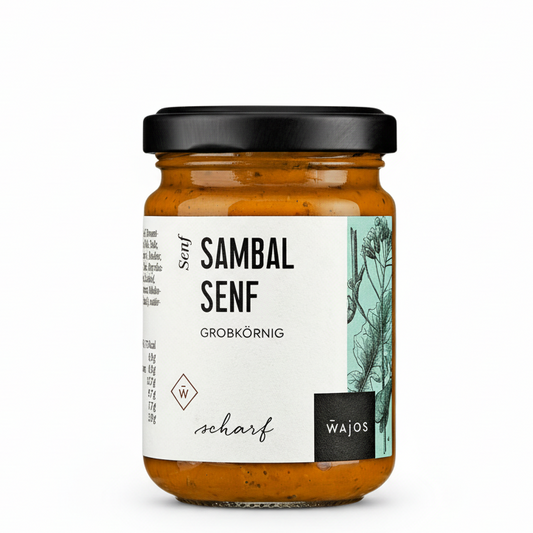 Grobkörniger Sambal Senf mit Chili und sichtbaren Senfkörnern für würzige Gerichte und Marinaden