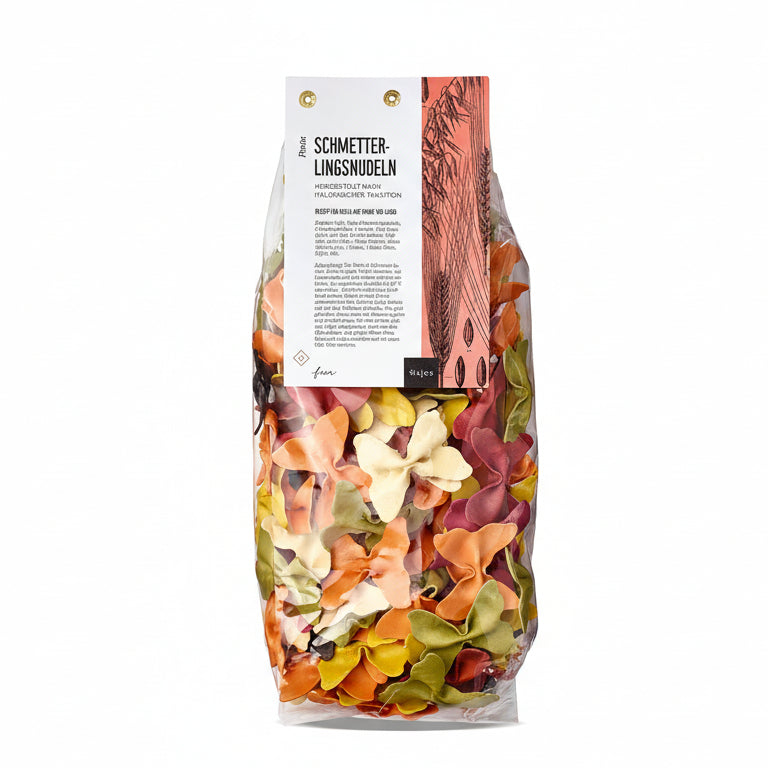 schmetterlingsnudeln farfalle aus hartweizengrieß, natürlich gefärbte pasta mit gemüse und gewürzen, wajos