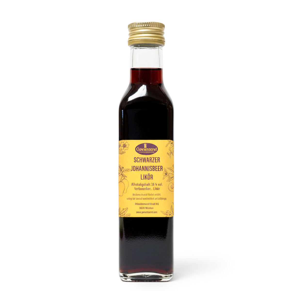 Schwarze Johannisbeere Likör 18 % vol in tiefroter Farbe im Glas, intensiver Cassis Fruchtlikör