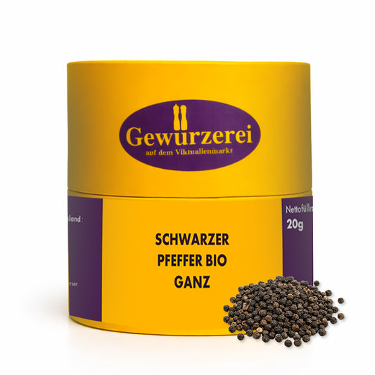 Schwarzer Pfeffer Bio ganz mit aromatischen Pfefferkoernern fuer Muehle und Moerser