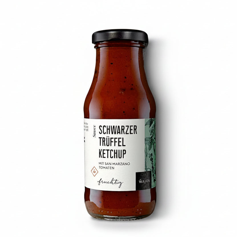 Schwarzer Trueffel Ketchup mit San Marzano Tomaten fuer Burger Grillgerichte und Kartoffeln