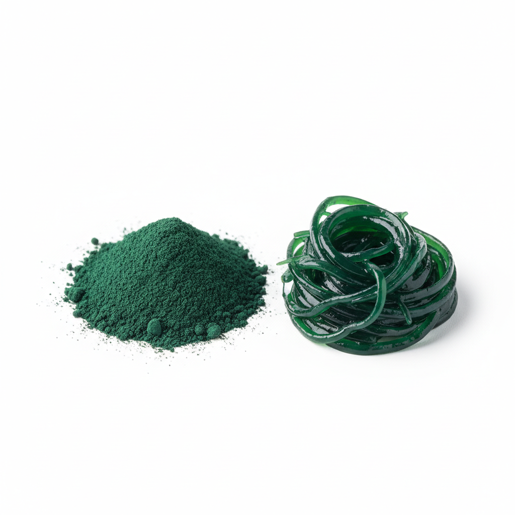 Spirulina-Pulver und alge auf weißsem hintergrung qadratisch