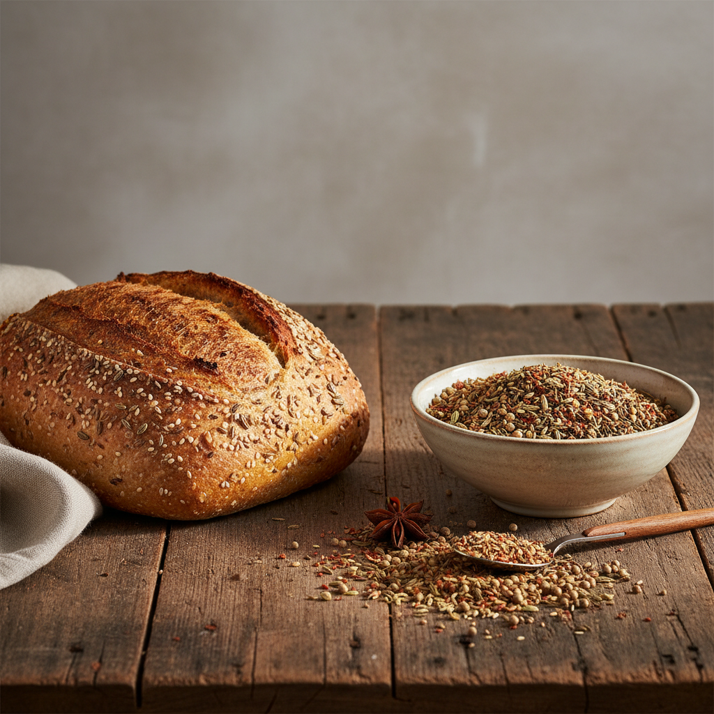 Stell mir ein Bild von einem Brot und daneben die Gewürzmischung dazu quadratisch:Fenchel*, Anis*, Koriander*, Kümmel*