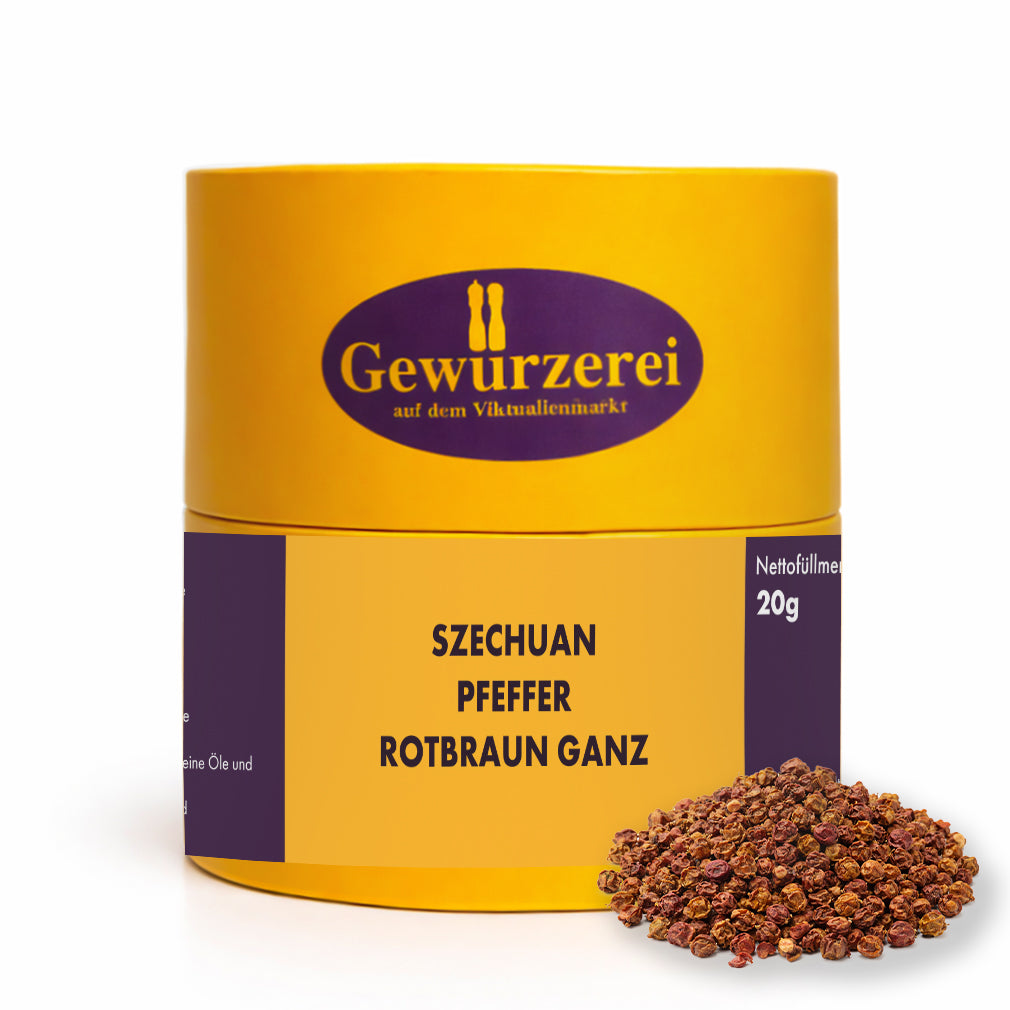 Ganzer rotbrauner Szechuan Pfeffer mit geöffneten Fruchtkapseln und zitronigem Aroma für asiatische Gerichte