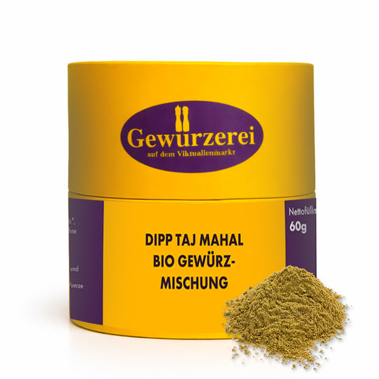 Bio Dip Gewürzmischung Taj Mahal mit indischen Gewürzen für Joghurt-Dips und aromatische Aufstriche.
