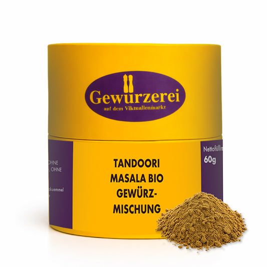 Bio Tandoori Masala Gewürzmischung mit Chili, Kreuzkümmel und Gewürzen für indische Gerichte.