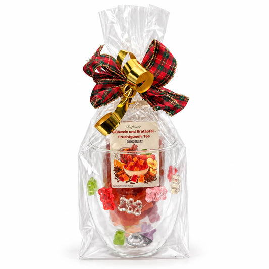 Winterliche Geschenktasse mit 125 g Glühwein-Bratapfel Tee-Bären®, Fruchtgummi zum Naschen oder als Heißgetränk.