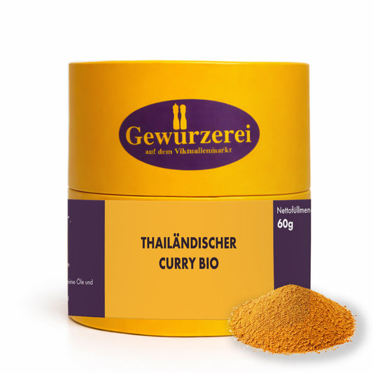 Thailändischer Bio Curry als fein gemahlene Gewürzmischung mit Chili, Curcuma und Koriander für asiatische Gerichte