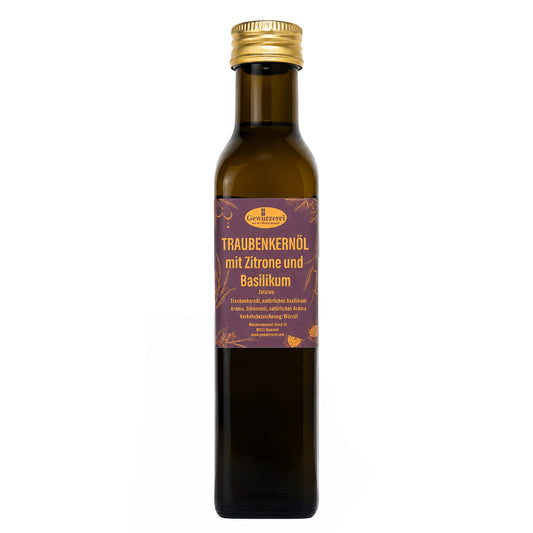 Traubenkernöl mit Zitrone und Basilikum als leichtes mediterranes Würzöl für Salate Pasta Fisch und Gemüse.