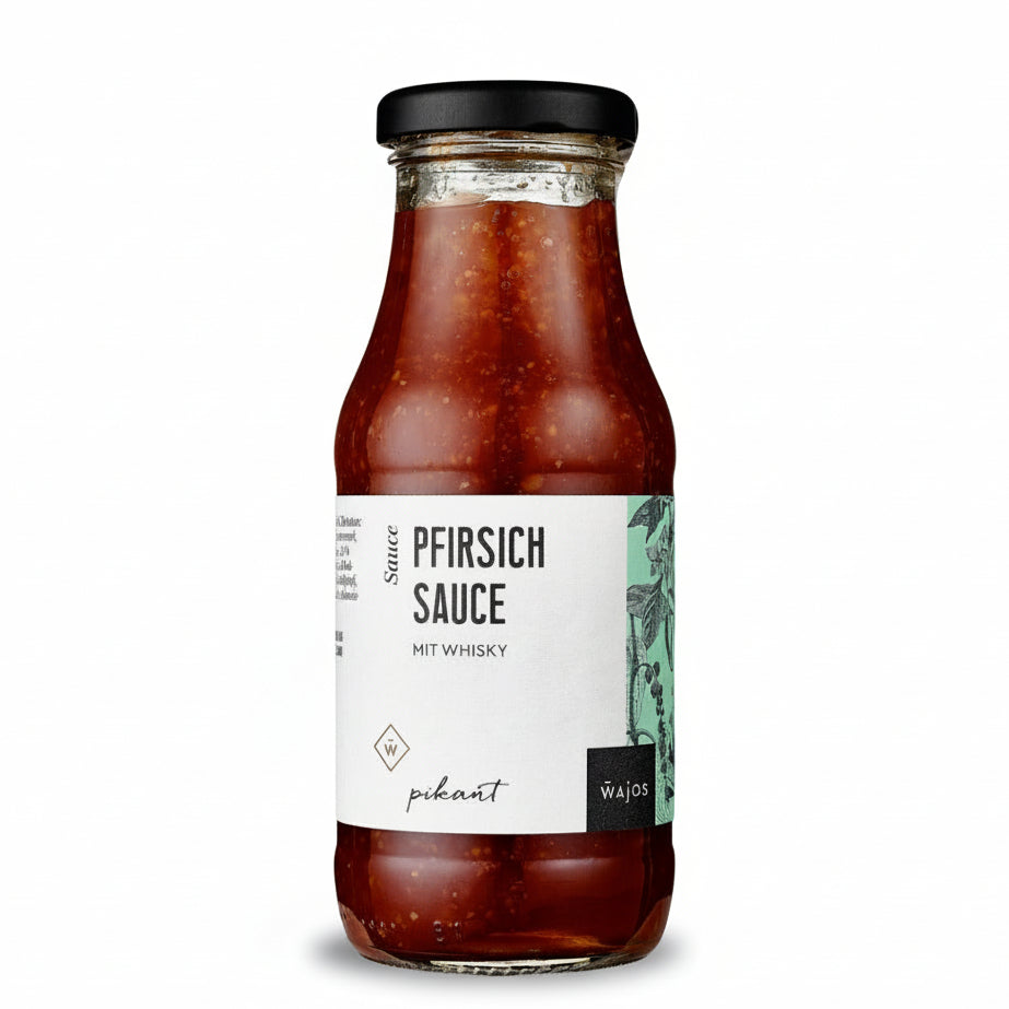 Pfirsich Sauce mit Whisky fruchtig und leicht rauchig als Grillsauce Dip fuer Kaese Burger und Gemuese