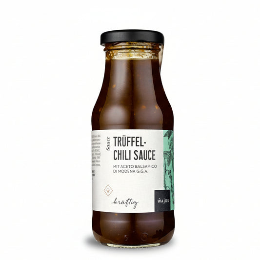 trueffel-chili-sauce 245 ml mit balsamico di modena und sichtbaren gewuerzpartikeln im glas
