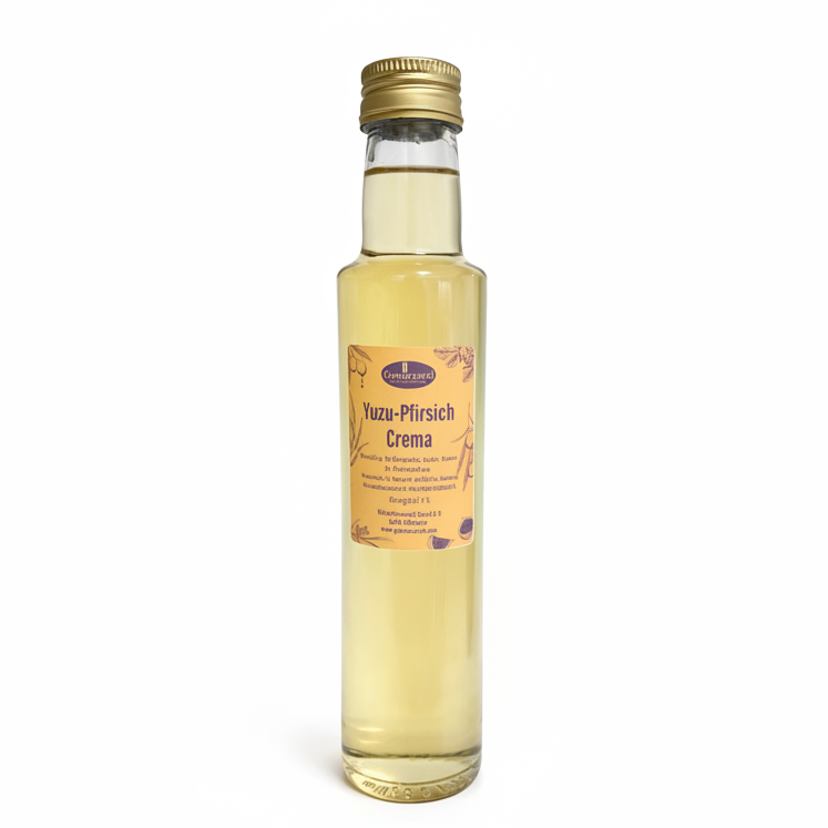 yuzu pfirsich crema in glasflasche mit cremiger textur und fruchtig-frischer zitrusnote